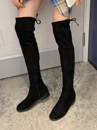 Oberschenkelhohe Damenstiefel Aus Schwarzem Wildleder Flache Overknee-stiefel