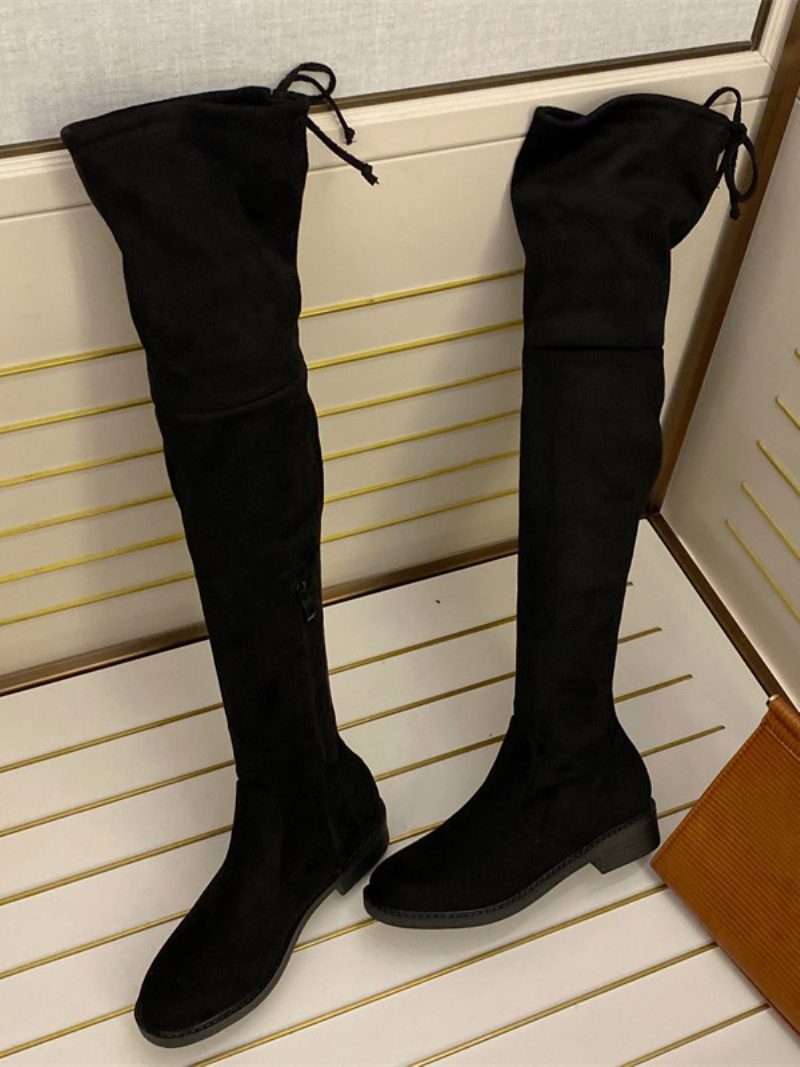 Oberschenkelhohe Damenstiefel Aus Schwarzem Wildleder Flache Overknee-stiefel - Schwarz