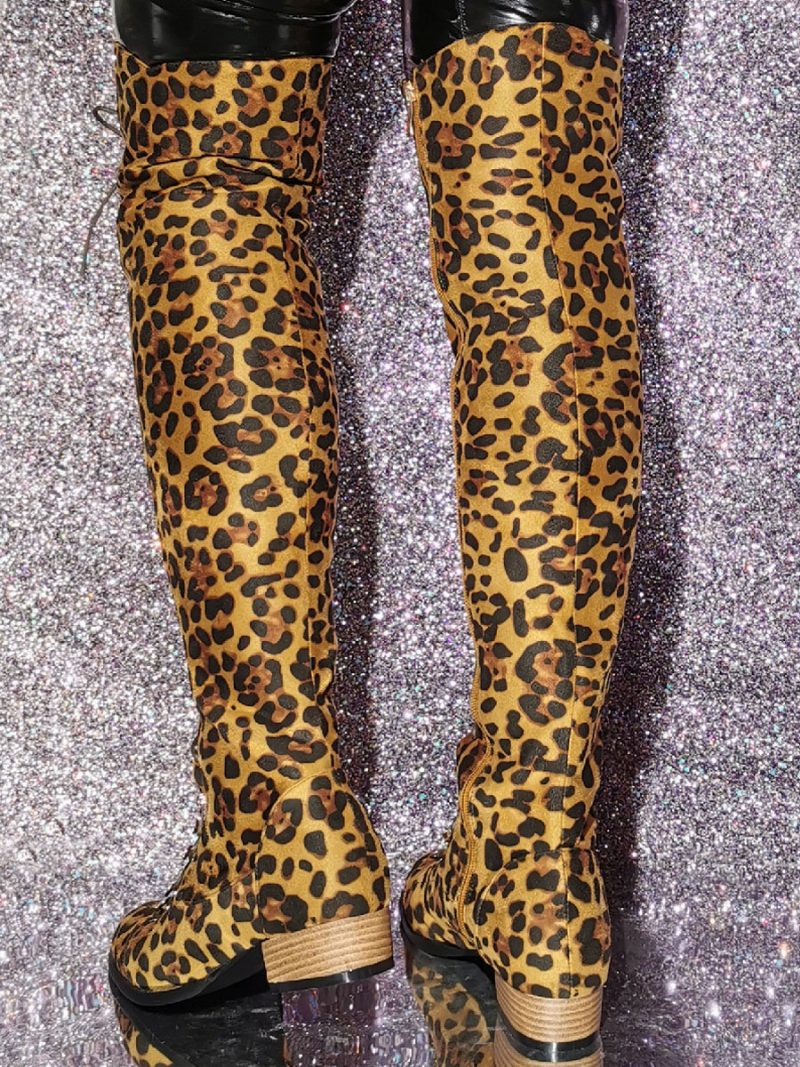 Oberschenkelhohe Damenstiefel Mit Leopardenmuster Und Welpenabsatz Aus Elastischem Stoff - Leopard