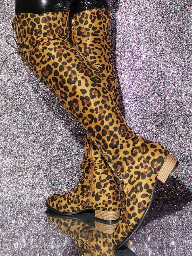 Oberschenkelhohe Damenstiefel Mit Leopardenmuster Und Welpenabsatz Aus Elastischem Stoff - Leopard