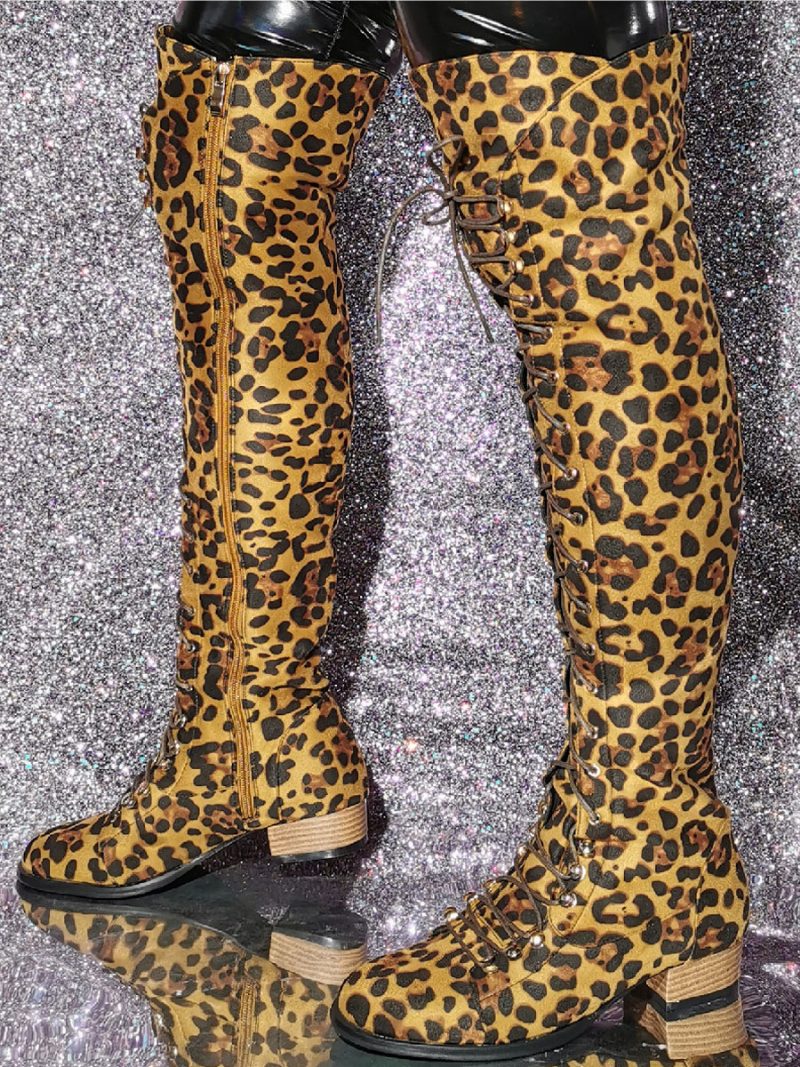 Oberschenkelhohe Damenstiefel Mit Leopardenmuster Und Welpenabsatz Aus Elastischem Stoff - Leopard