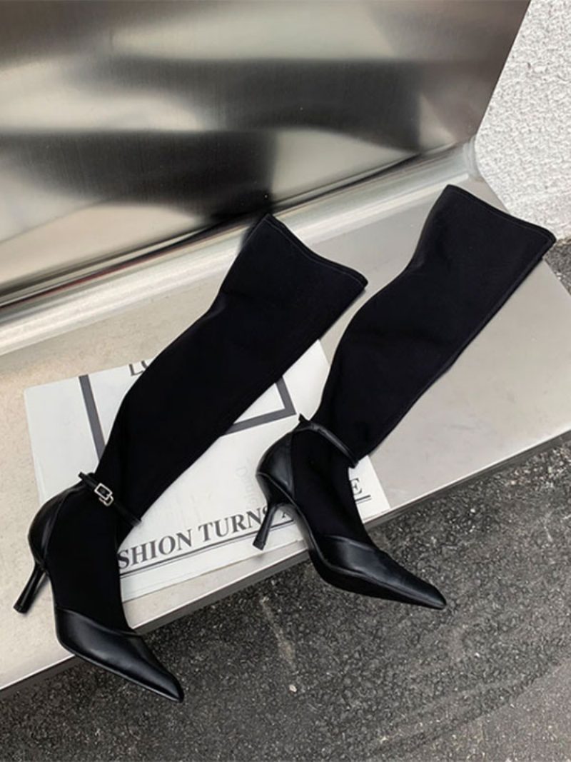 Oberschenkelhohe Damenstiefel Mit Schnalle Spitzer Zehenbereich Stiletto-absatz Pu-leder - Schwarz