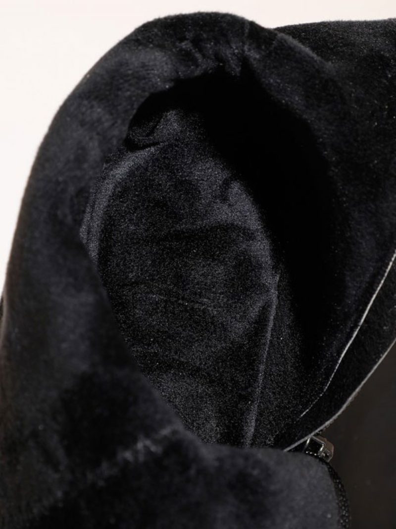 Oberschenkelhohe Damenstiefel Schwarzes Pu-leder Quadratische Zehenpartie Klobiger Absatz Winterstiefel - Schwarz