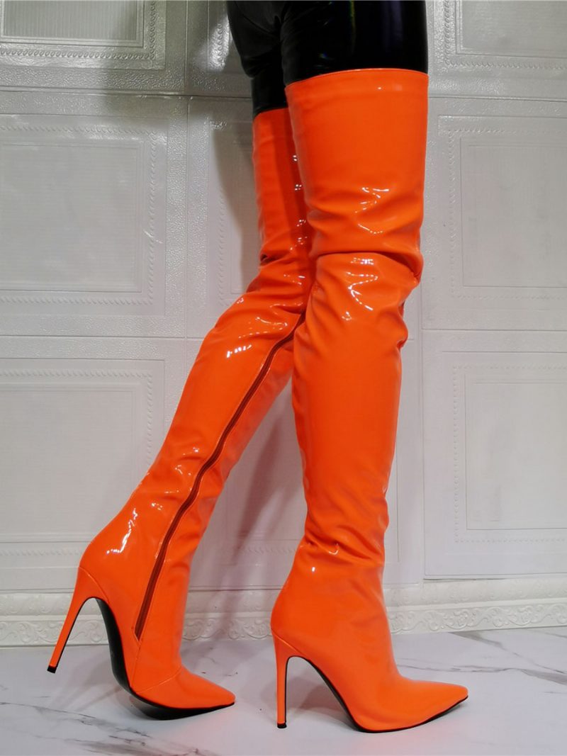 Oberschenkelhohe Stiefel Für Damen Einfarbig Spitzer Zehenbereich Stiletto-stil Heller Lederabsatz Overknee-stiefel - Orange