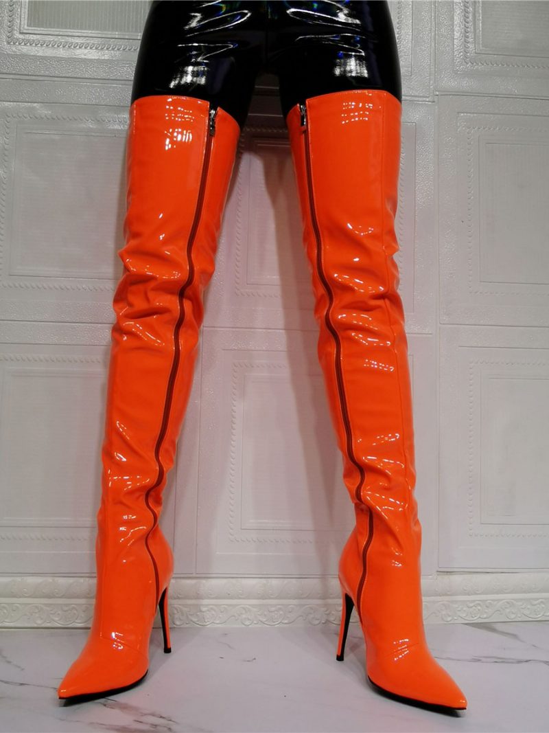 Oberschenkelhohe Stiefel Für Damen Einfarbig Spitzer Zehenbereich Stiletto-stil Heller Lederabsatz Overknee-stiefel - Orange