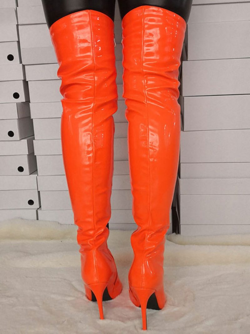 Oberschenkelhohe Stiefel Für Damen Einfarbig Spitzer Zehenbereich Stiletto-stil Heller Lederabsatz Overknee-stiefel - Orange