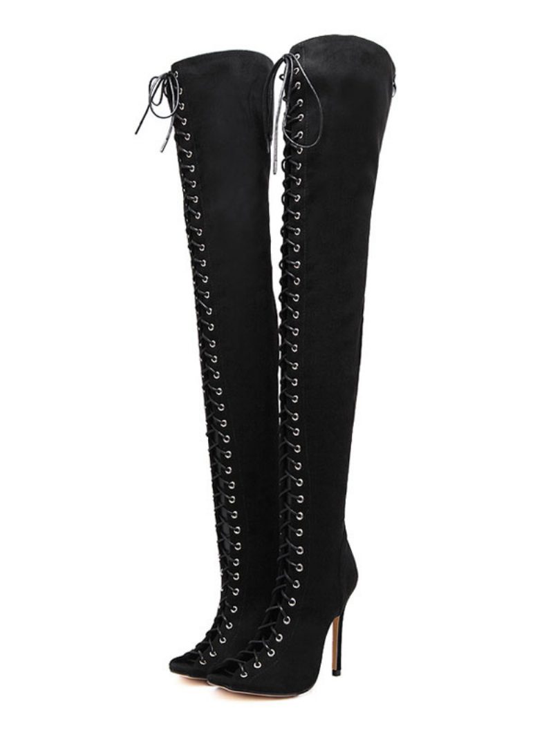 Oberschenkelhohe Stiefel Für Damen Nubukleder Zum Schnüren Peep-toe-stiletto-absatz Overknee-stiefel - Schwarz