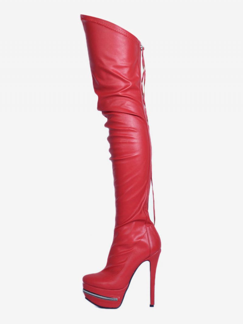 Oberschenkelhohe Stiefel Mit Hohem Absatz Für Damen Schwarzes Leder Reißverschluss Hinten Sexy Über Dem Knie Partyschuhe - Rot