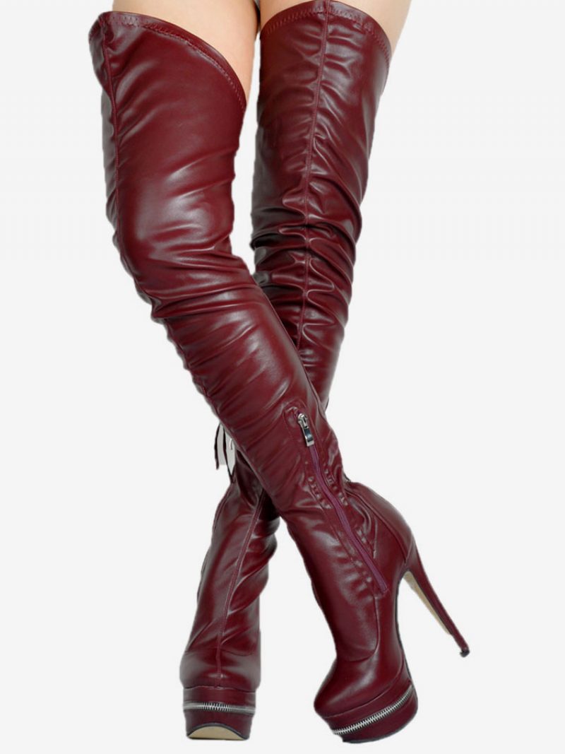 Oberschenkelhohe Stiefel Mit Hohem Absatz Für Damen Schwarzes Leder Reißverschluss Hinten Sexy Über Dem Knie Partyschuhe - Burgund