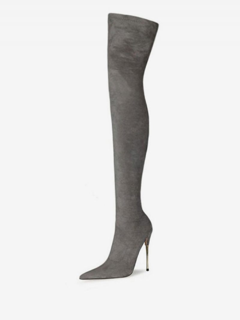 Overknee-high-heel-stiefel Aus Wildleder Für Damen - Grau