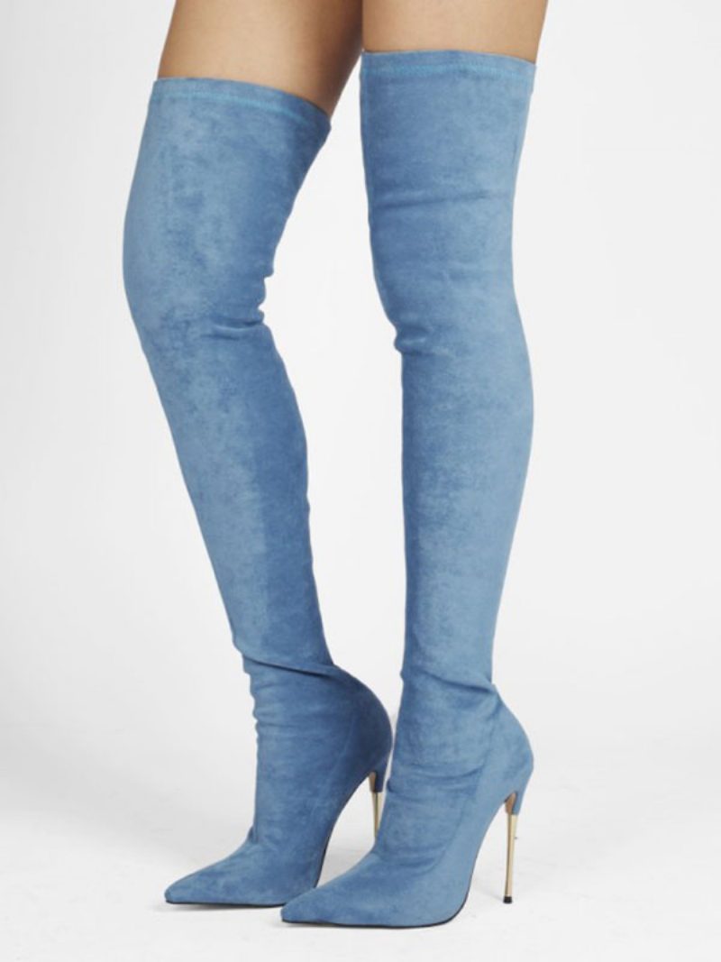 Overknee-high-heel-stiefel Aus Wildleder Für Damen - Blau