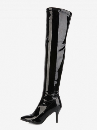 Overknee-stiefel Für Damen Aus Lackleder Mit Spitzer Zehenpartie Stiletto-absatz Und Hellem Leder