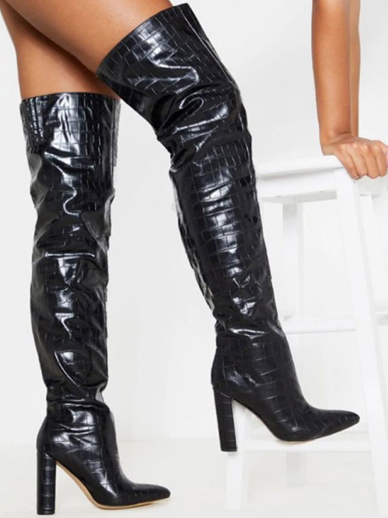 Overknee-stiefel Für Damen Aus Leder Mit Spitzem Zehenbereich Und Klobigen Absätzen - Schwarz