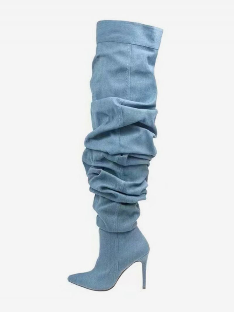 Overknee-stiefel Für Damen Blau Spitze Zehenpartie Hoher Absatz Lässige Oberschenkelhohe Stiefel