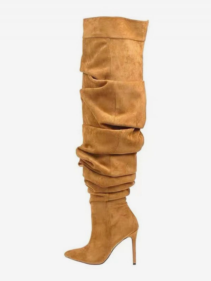 Overknee-stiefel Für Damen Blau Spitze Zehenpartie Hoher Absatz Lässige Oberschenkelhohe Stiefel - Golden