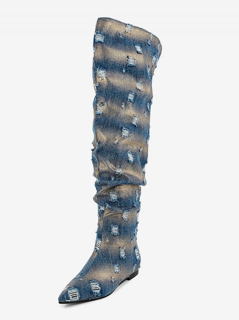 Overknee-stiefel Für Damen Denim-distressed-stiefel Mit Spitzer Zehenpartie Und Flachem Oberschenkel - Blau