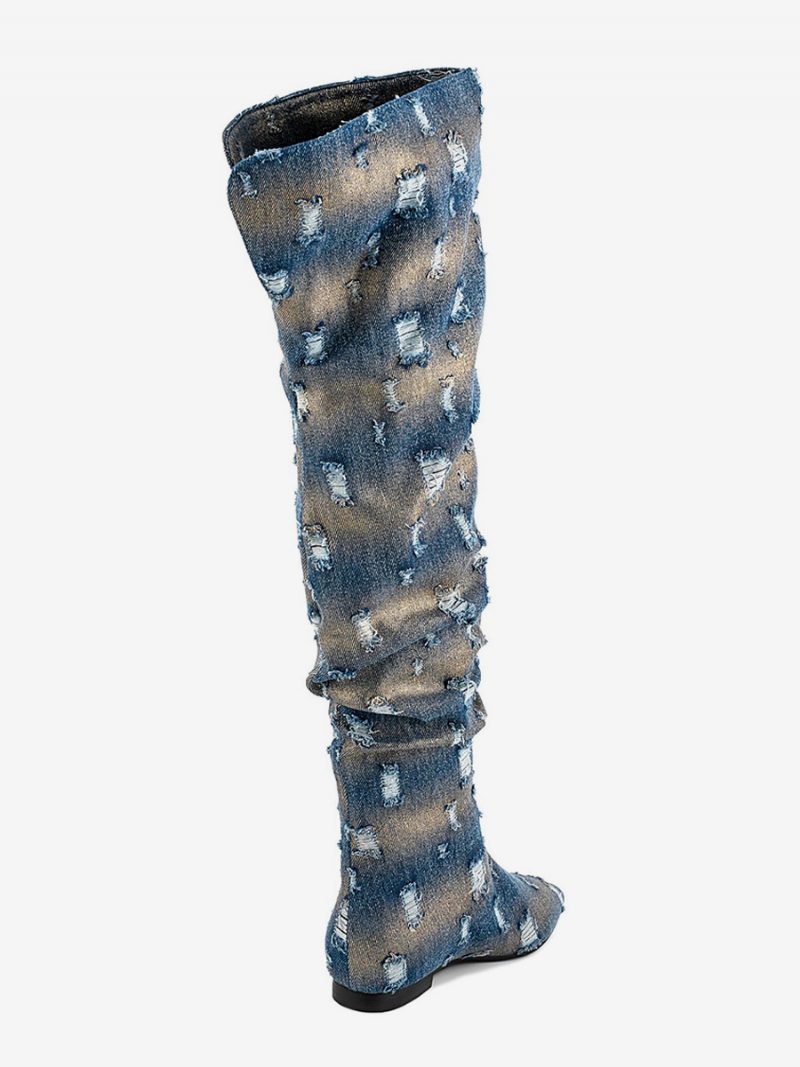 Overknee-stiefel Für Damen Denim-distressed-stiefel Mit Spitzer Zehenpartie Und Flachem Oberschenkel - Blau