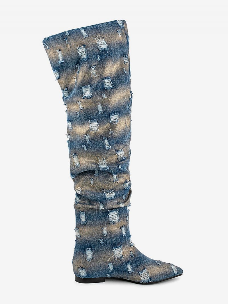 Overknee-stiefel Für Damen Denim-distressed-stiefel Mit Spitzer Zehenpartie Und Flachem Oberschenkel - Blau