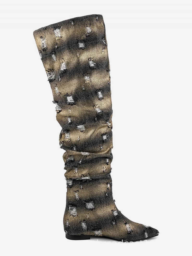 Overknee-stiefel Für Damen Denim-distressed-stiefel Mit Spitzer Zehenpartie Und Flachem Oberschenkel - Schwarz