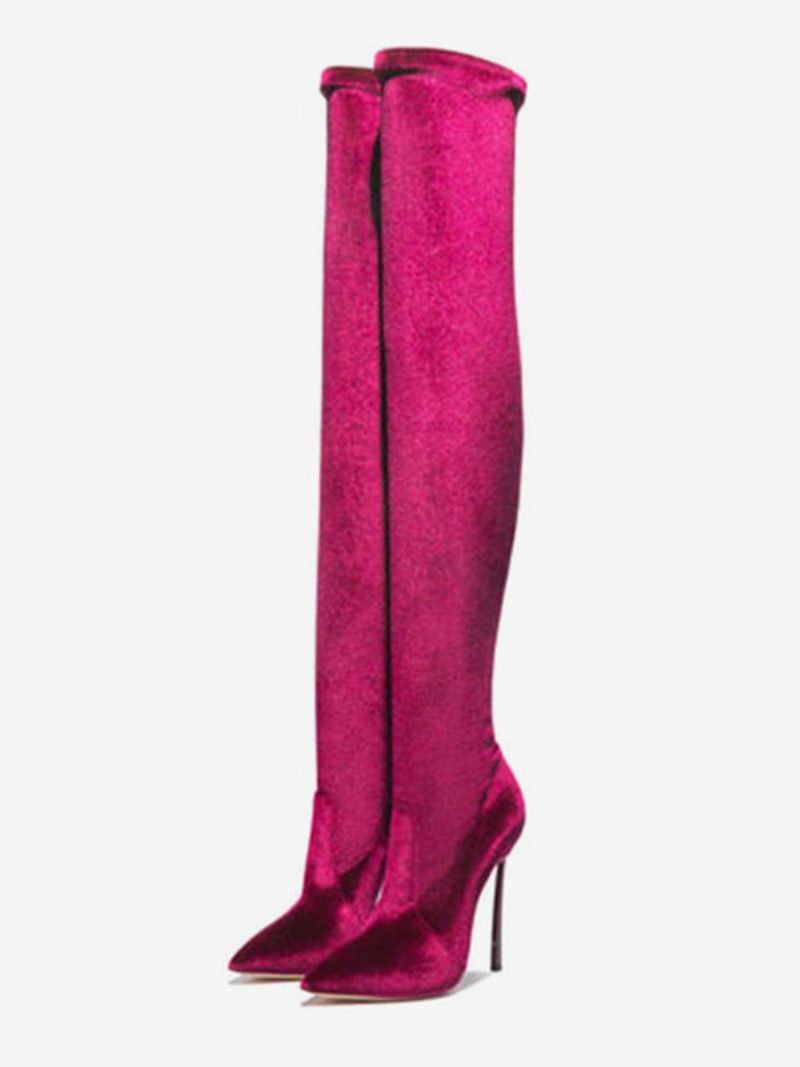 Overknee-stiefel Für Damen Elastischer Stoff Rosa Spitzer Zehenbereich Stiletto-absatz Oberschenkelhohe Stiefel - Rose