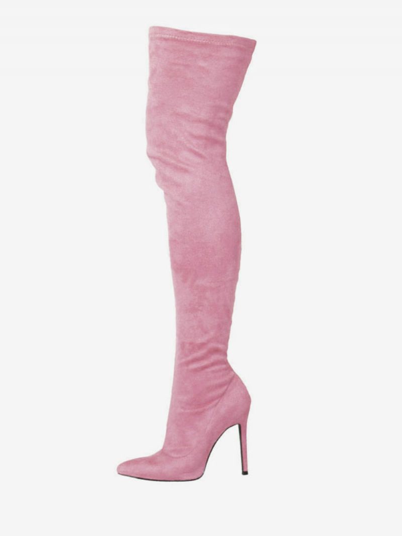 Overknee-stiefel Für Damen Hoher Absatz Stretch-stiefel Spitze Zehen Oberschenkelhohe Stiefel - Magenta