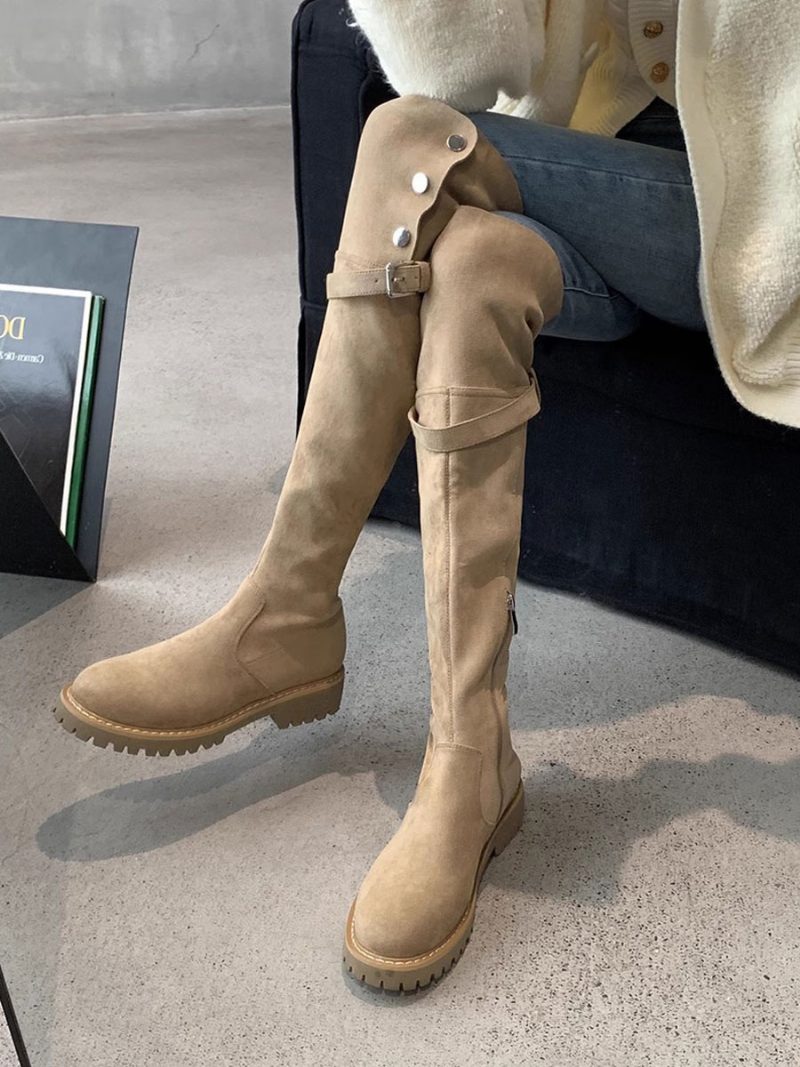 Overknee-stiefel Für Damen Khaki-wildleder Runde Zehenmanschette Kurze Plüsch-winterstiefel - Khaki