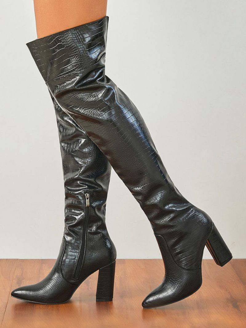 Overknee-stiefel Für Damen Klobiger Absatz Pu-leder Schwarze Oberschenkelhohe Stiefel