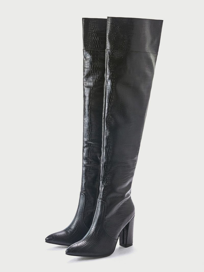 Overknee-stiefel Für Damen Klobiger Absatz Pu-leder Schwarze Oberschenkelhohe Stiefel - Schwarz