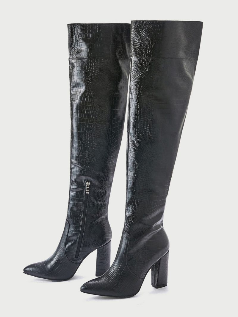 Overknee-stiefel Für Damen Klobiger Absatz Pu-leder Schwarze Oberschenkelhohe Stiefel - Schwarz