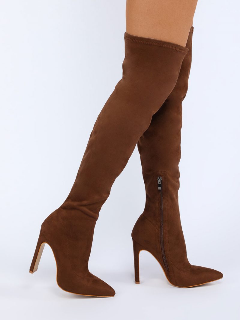 Overknee-stiefel Für Damen Klobiger Absatz Spitze Zehenpartie Obermaterial Aus Mikro-wildleder Orange-rote Oberschenkelhohe Stiefel - Tiefbraun