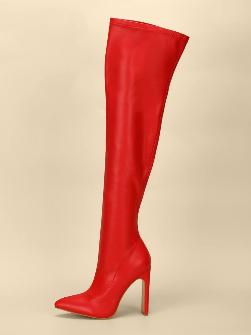 Overknee-stiefel Für Damen Klobiger Absatz Spitze Zehenpartie Pu-leder Blond Oberschenkelhohe Stiefel - Rot