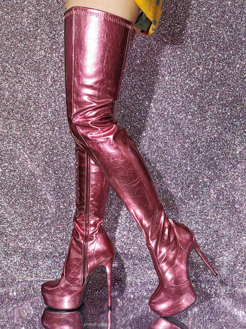 Overknee-stiefel Für Damen Mit Metallischem Rundem Zehenbereich Stiletto-absatz Und - Emberrot