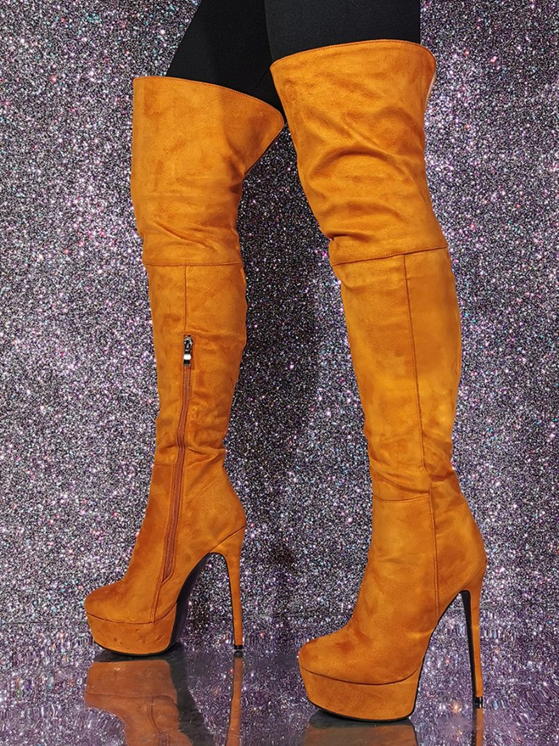 Overknee-stiefel Für Damen Mit Stiletto-absatz Und Obermaterial Aus Micro-wildleder - Orange