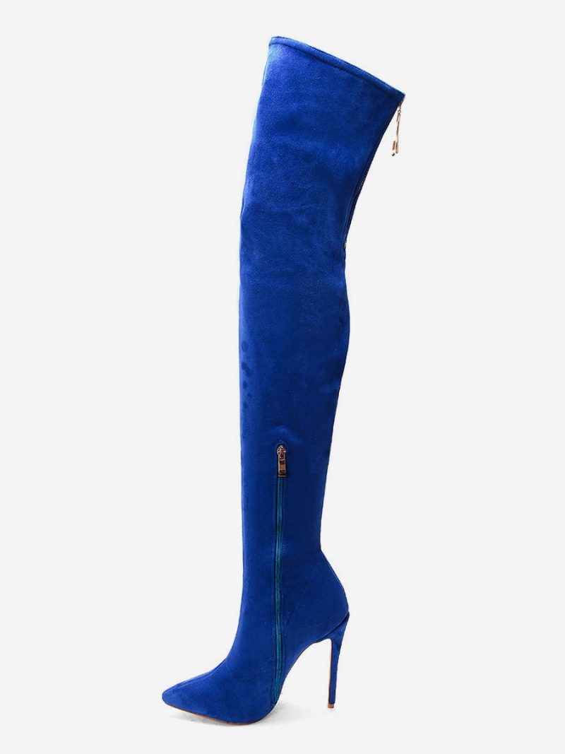 Overknee-stiefel Für Damen Obermaterial Aus Micro-wildleder Blau Spitze Zehenpartie Stiletto-absatz Oberschenkelhohe Stiefel