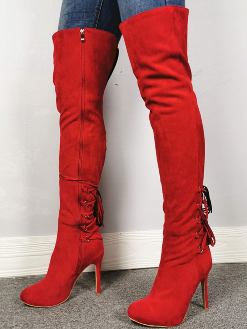 Overknee-stiefel Für Damen Rot Spitzer Zehenbereich Reißverschluss Hoher Absatz Oberschenkelhohe Stiefel