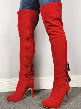 Overknee-stiefel Für Damen Rot Spitzer Zehenbereich Reißverschluss Hoher Absatz Oberschenkelhohe Stiefel