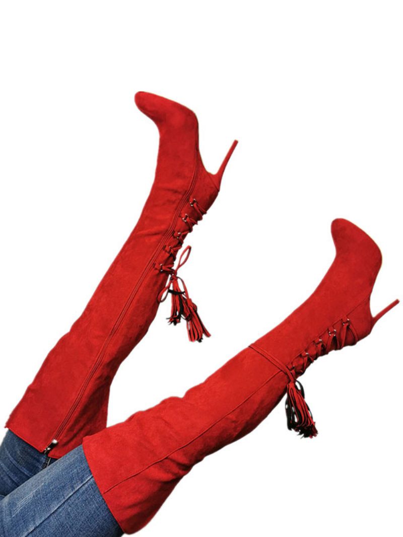 Overknee-stiefel Für Damen Rot Spitzer Zehenbereich Reißverschluss Hoher Absatz Oberschenkelhohe Stiefel - Rot