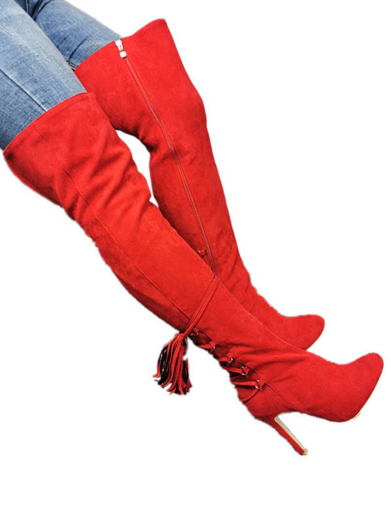 Overknee-stiefel Für Damen Rot Spitzer Zehenbereich Reißverschluss Hoher Absatz Oberschenkelhohe Stiefel - Rot