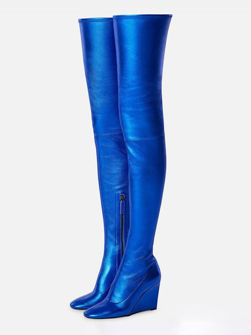 Overknee-stiefel Für Damen Runde Zehenpartie Keilabsatz Oberschenkelhohe Stiefel - Blau