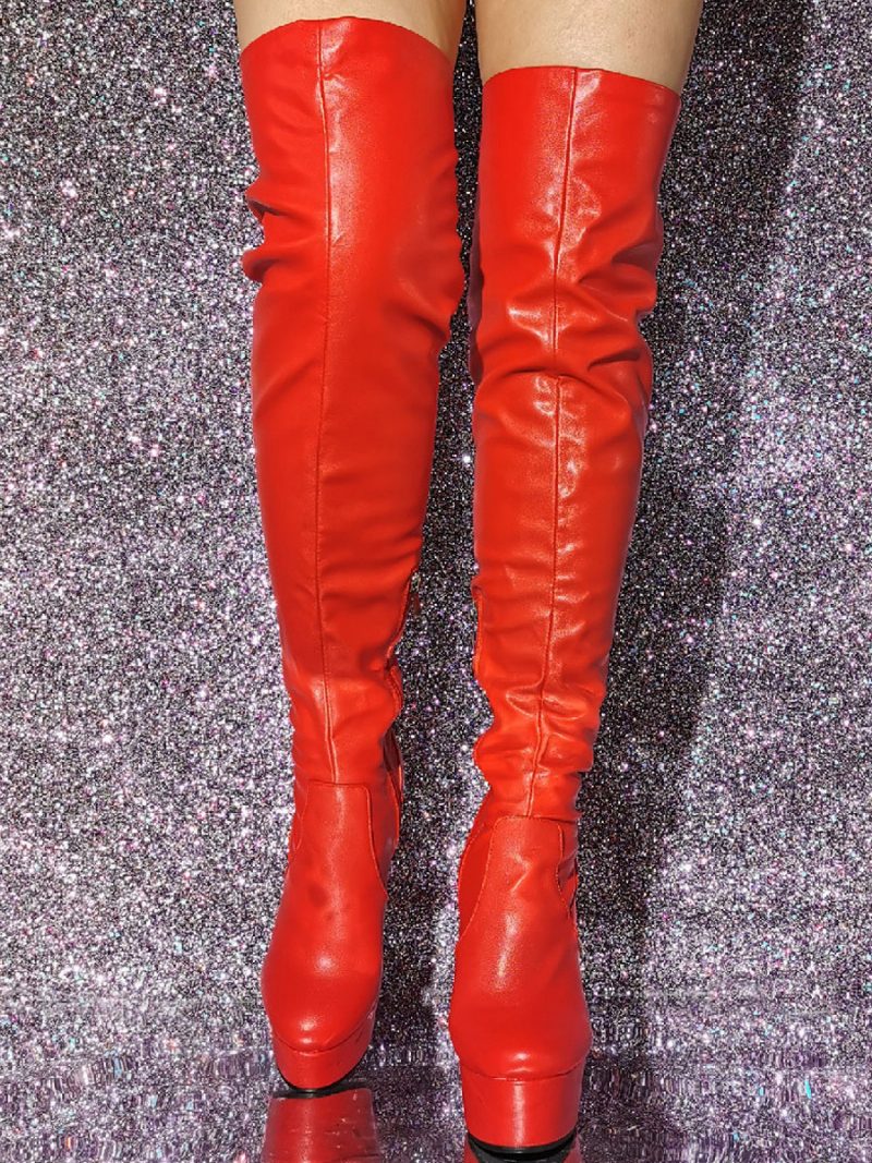 Overknee-stiefel Für Damen Runde Zehenpartie Keilabsatz Pu-leder - Rot