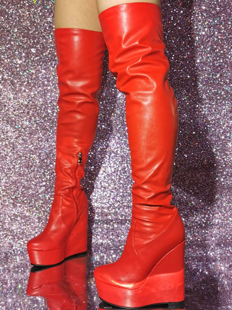 Overknee-stiefel Für Damen Runde Zehenpartie Keilabsatz Pu-leder - Rot