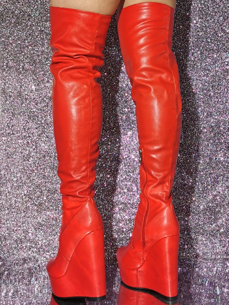 Overknee-stiefel Für Damen Runde Zehenpartie Keilabsatz Pu-leder - Rot