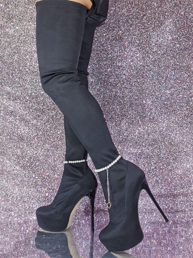 Overknee-stiefel Für Damen Runde Zehenpartie Stiletto-absatz Elastisches Gewebe - Schwarz