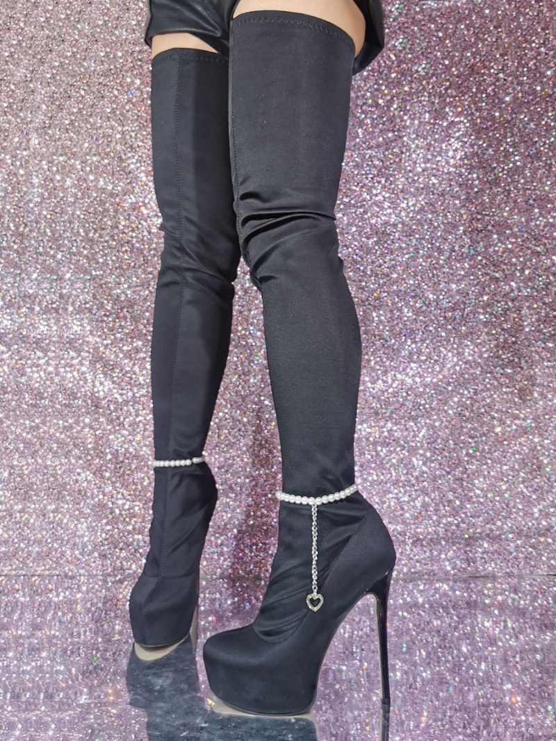 Overknee-stiefel Für Damen Runde Zehenpartie Stiletto-absatz Elastisches Gewebe - Schwarz