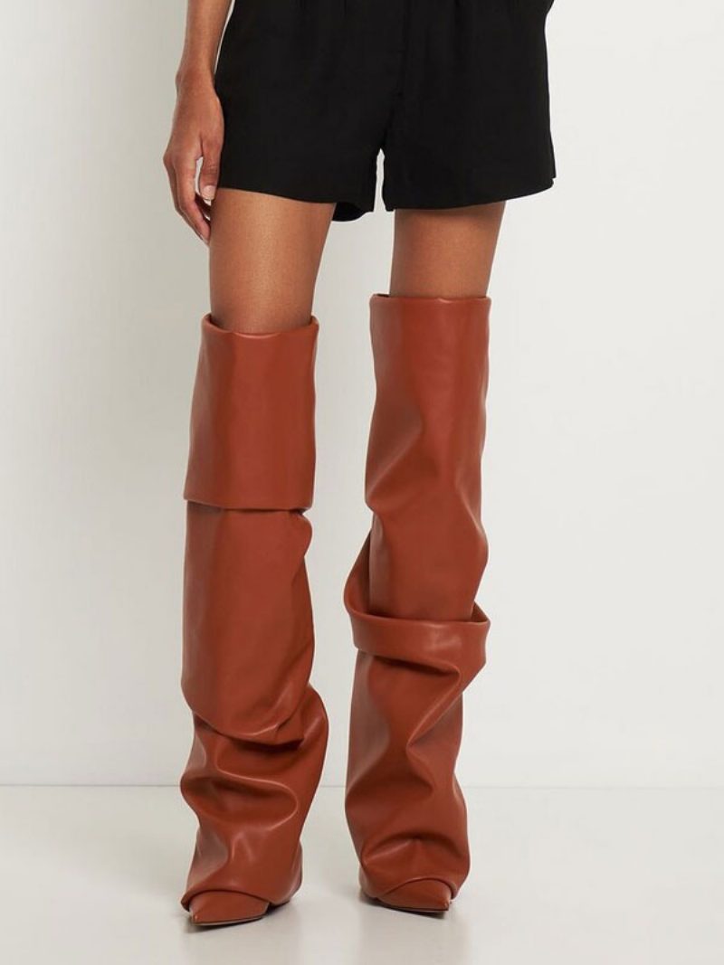 Overknee-stiefel Für Damen Spitzer Zehenbereich Hoher Absatz Umklappbare Oberschenkelhohe Stiefel - Kaffeebraun