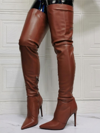 Overknee-stiefel Für Damen Übergröße Stiletto-absatz Pu-leder Kaffeebraun Oberschenkelhohe Stiefel