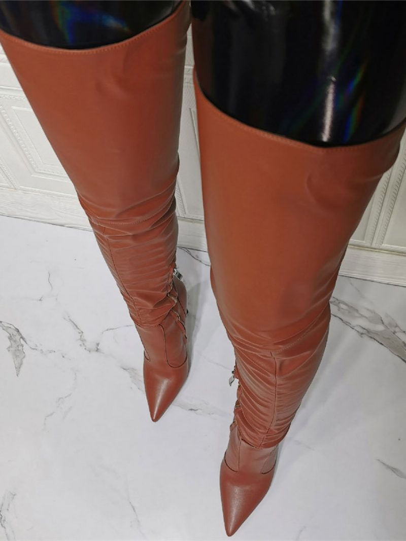 Overknee-stiefel Für Damen Übergröße Stiletto-absatz Pu-leder Kaffeebraun Oberschenkelhohe Stiefel - Kastanienbraun