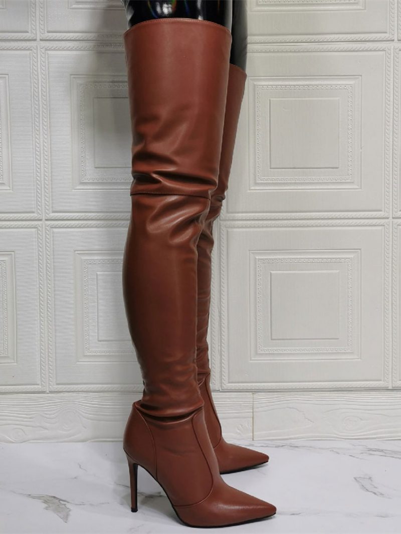 Overknee-stiefel Für Damen Übergröße Stiletto-absatz Pu-leder Kaffeebraun Oberschenkelhohe Stiefel - Kastanienbraun