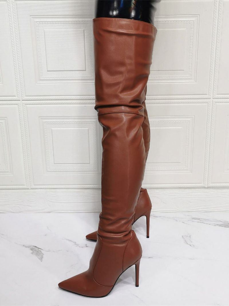 Overknee-stiefel Für Damen Übergröße Stiletto-absatz Pu-leder Kaffeebraun Oberschenkelhohe Stiefel - Kastanienbraun