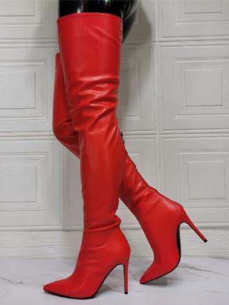 Overknee-stiefel Für Damen Übergröße Stiletto-absatz Pu-leder Rote Oberschenkelhohe Stiefel